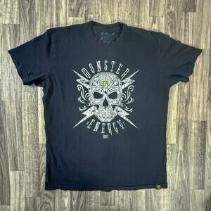 Monster Energy Sugar Skull T-Shirt Black Lightning Logo Large USA Made